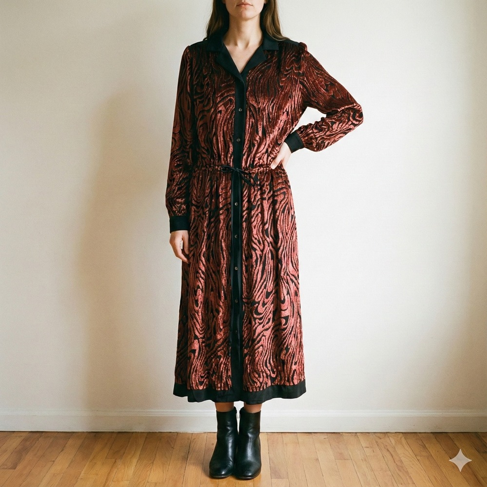 Vintage Janice Wainwright Dress Womens US 8 Velvet‎ Burnout Midi Black Orange